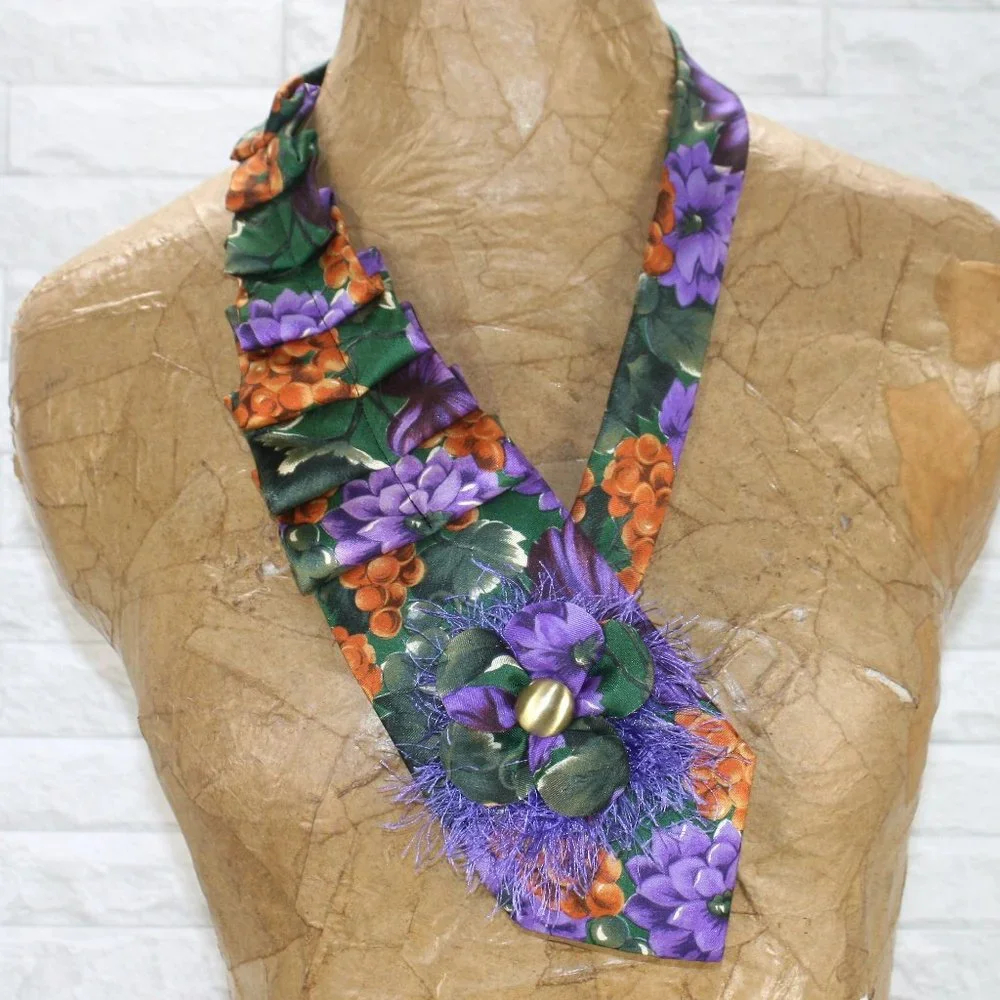 HAND CRAFTED Scarf Necklace Wrap Accessory Upcycled Necktie Purple Floral Grapes